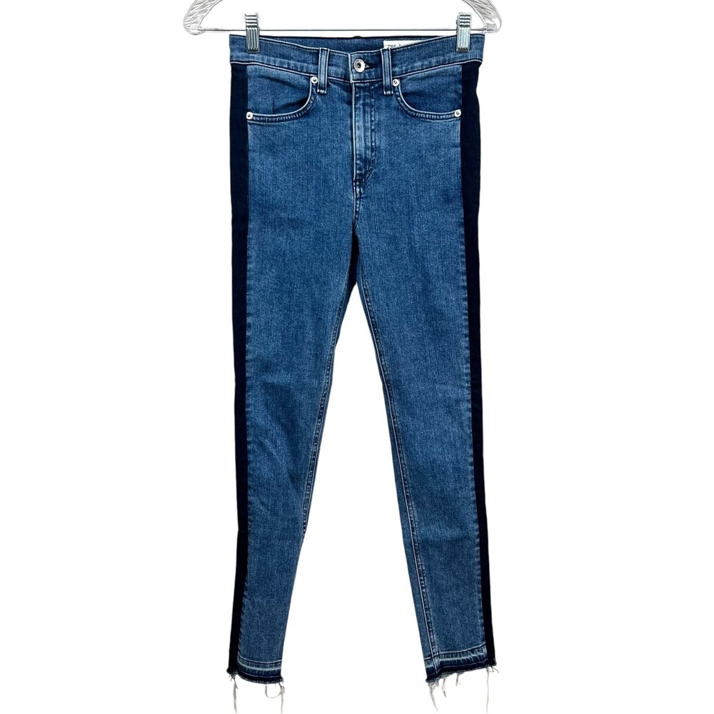 Rag & Bone Women Jeans Skinny Tuxedo Stripe Pockets Raw Hem Double Indigo Sz 26*